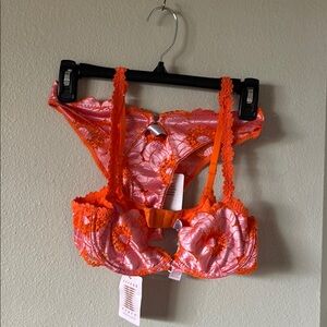 NWT Savage X Fenty Orange and Pink Lace Bra Set 32B X-Small